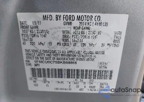 2011 Ford Escape Xls from USA, damaged, VIN 1FMCU0C75BKB88866